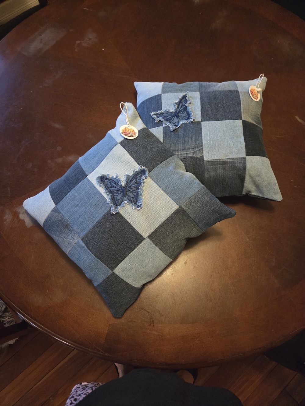 2 Upcycled Denim Patchwork Butterfly Throw Pillow